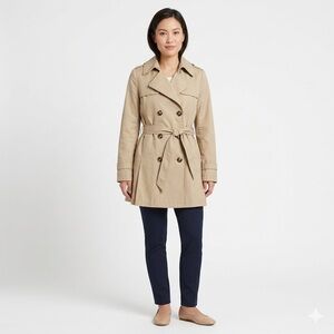 DKNY Belted Double Breasted Trench Coat Tan Beige Petite Large PL Cotton Blend